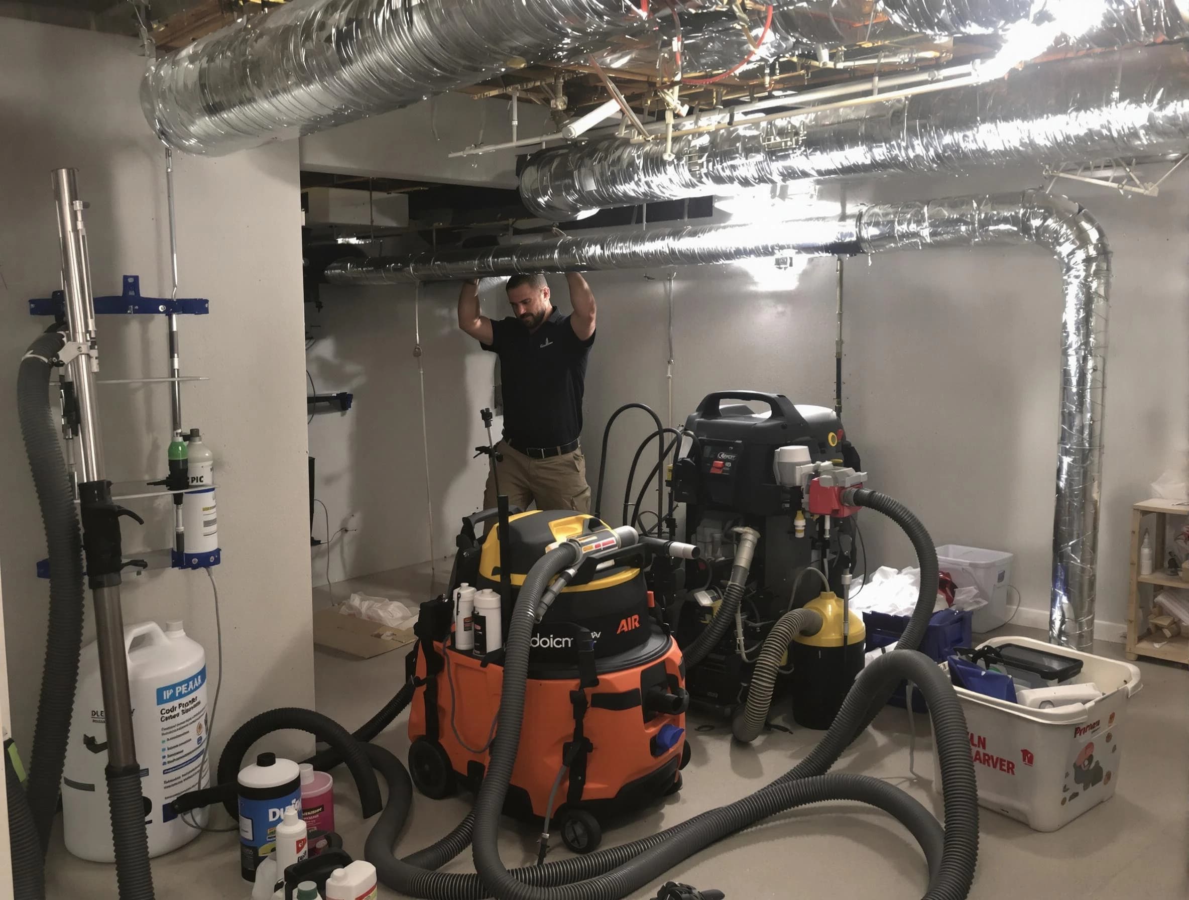 Corona Air Duct Cleaning specialist performing professional mold removal from air ducts using safety equipment in Corona