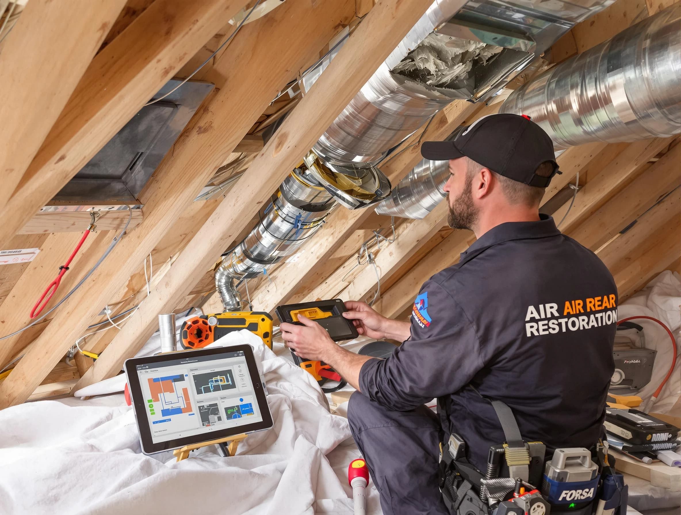 Corona Air Duct Cleaning technician performing precise duct repair work in Corona