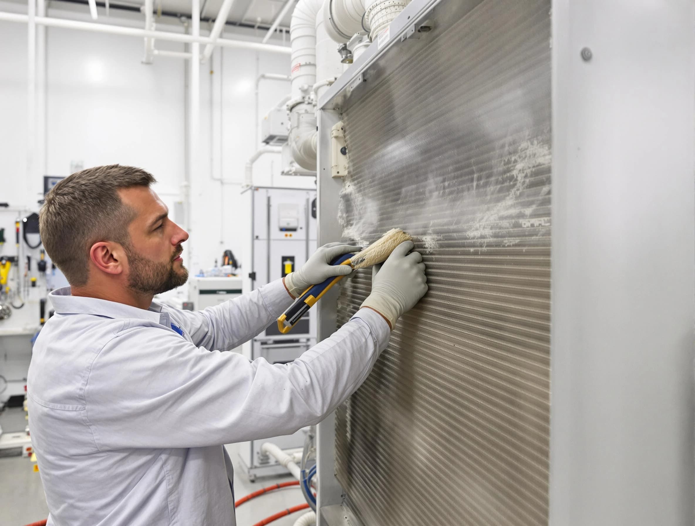 Corona Air Duct Cleaning technician performing precision commercial coil cleaning at a Corona business