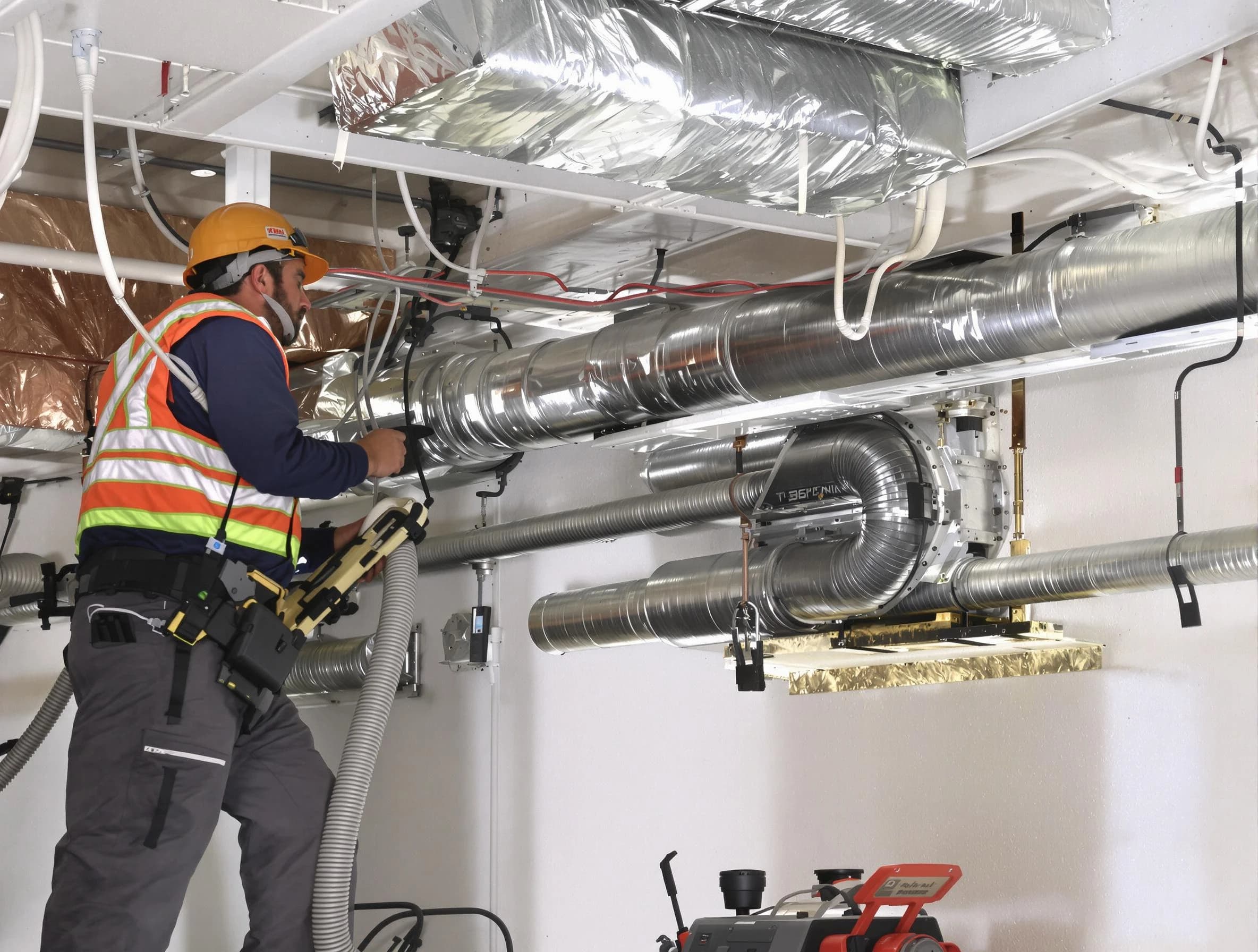 Corona Air Duct Cleaning technician performing precision vacuum insulation removal in a residential property in Corona